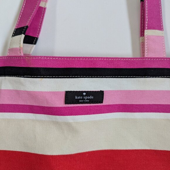 Kate Spade New York Striped Canvas Tote Pink Orange Cream Shopping Bag - Picture 3 of 8